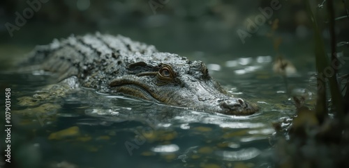A large alligator floating in a body of water