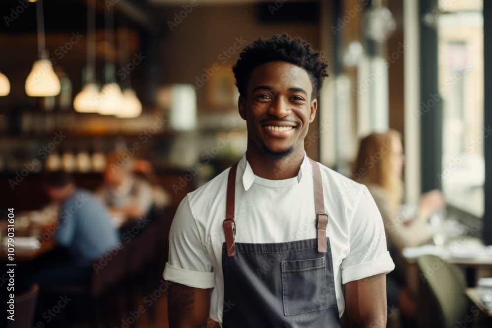 Fototapeta premium Smiling portrait of a young male African American waiter in cafe