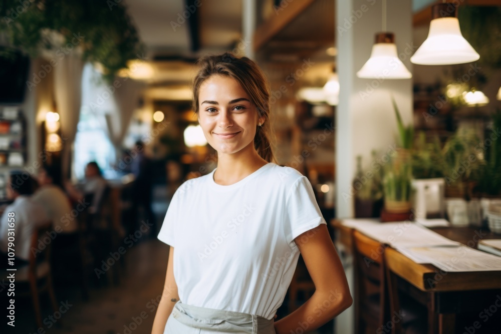 Smiling portrait of a young female waitress in cafe Smiling portrait of a young female waitress in cafe