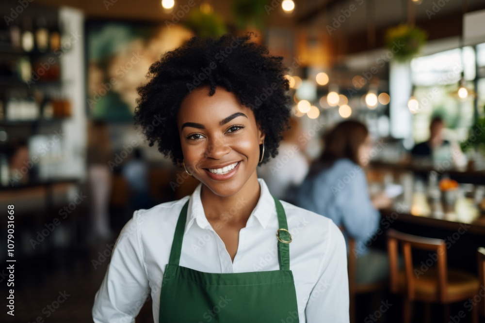 Smiling portrait of a young female waitress in cafe Smiling portrait of a young female waitress in cafe