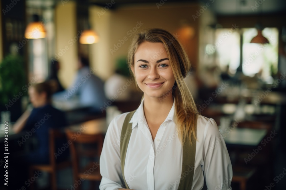 Smiling portrait of a young female waitress in cafe Smiling portrait of a young female waitress in cafe