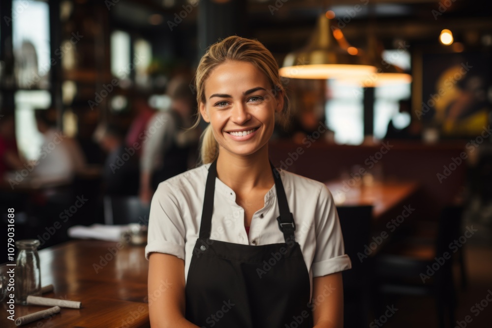 Smiling portrait of a young female waitress in cafe Smiling portrait of a young female waitress in cafe