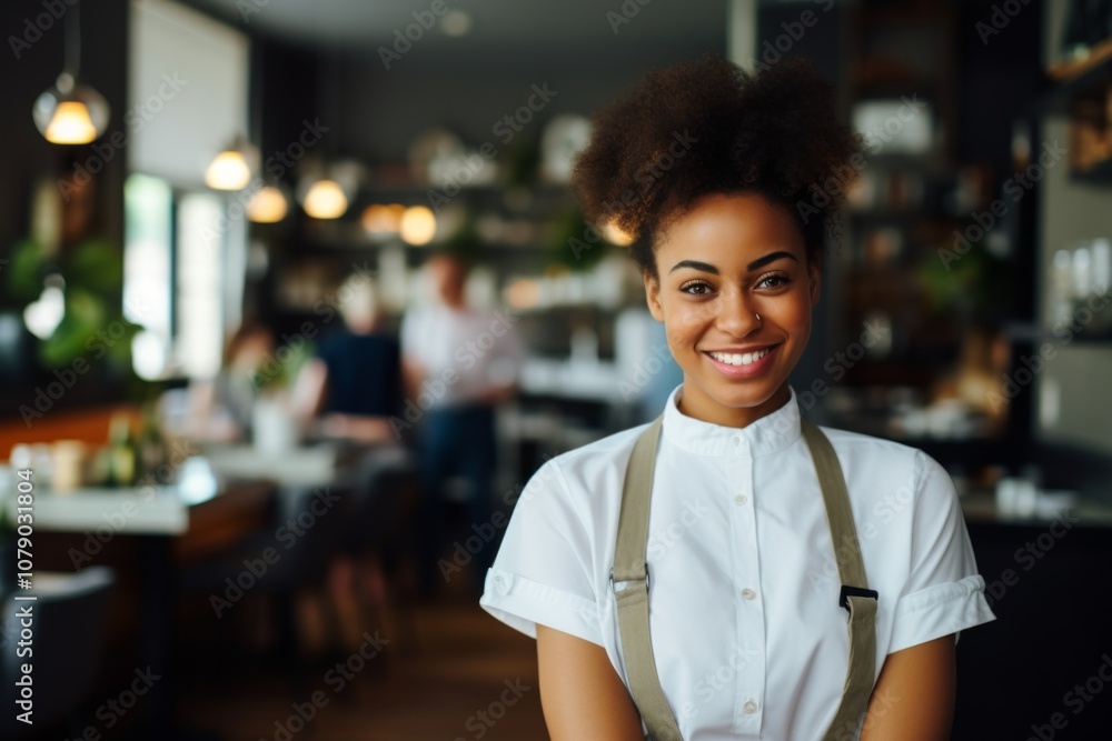Smiling portrait of a young female waitress in cafe Smiling portrait of a young female waitress in cafe