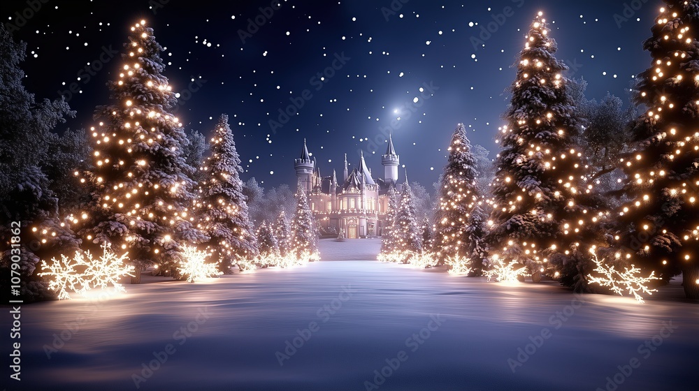 Enchanted Winter Pathway to a Magical Castle with snow-covered Christmas trees adorned with golden lights Enchanted Winter Pathway to a Magical Castle with snow-covered Christmas trees adorned with golden lights