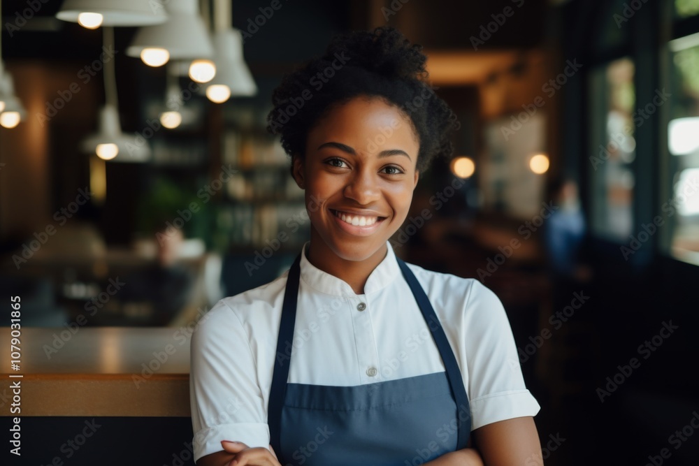 Fototapeta premium Smiling portrait of a young female waitress in cafe