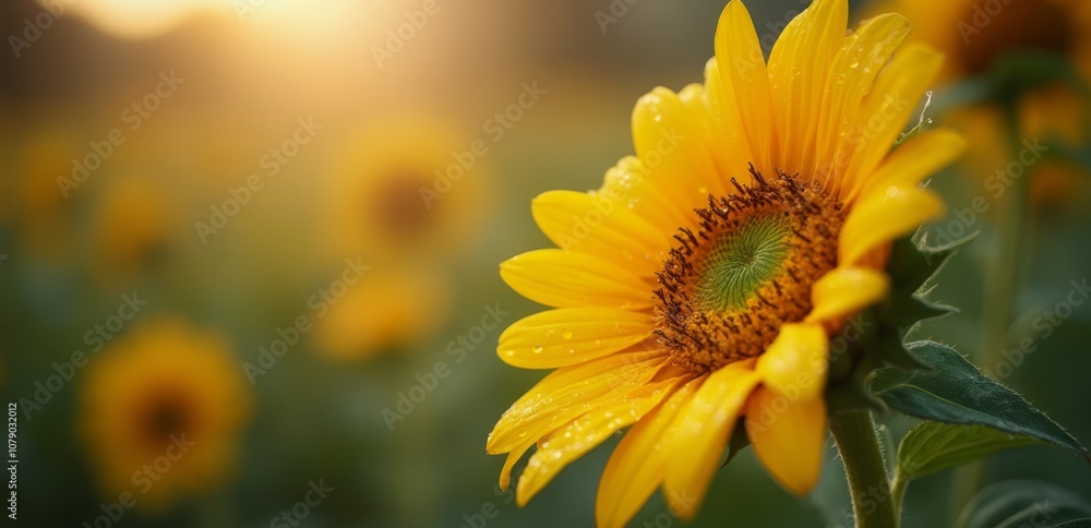 Naklejka premium A sunflower with water droplets on it in a field of sunflowers
