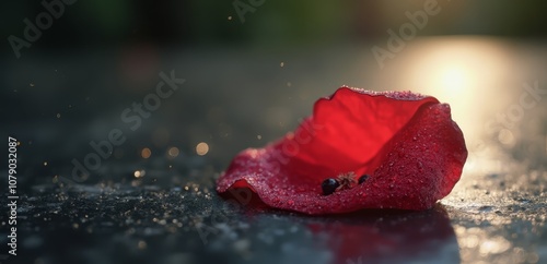 A red flower with water droplets on it sitting on the ground