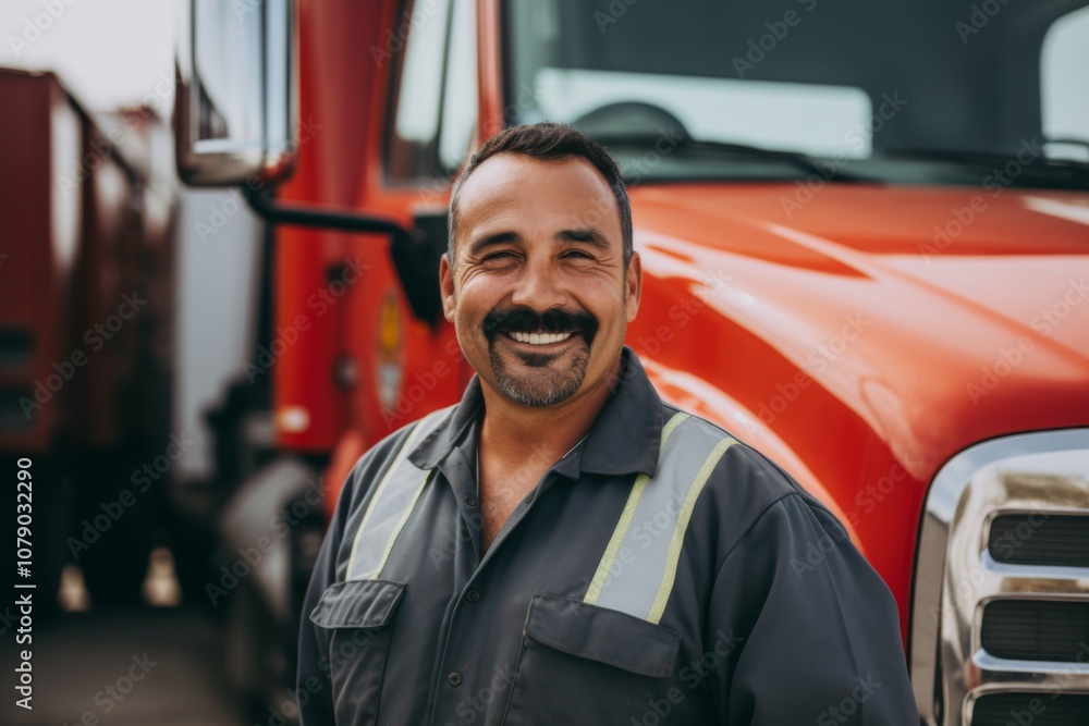 Smiling portrait of a middle aged Mexican male tow truck driver Smiling portrait of a middle aged Mexican male tow truck driver