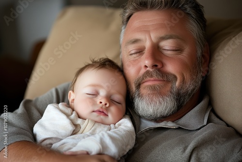 A Gentle Moment: A Father Embracing His Sleeping Baby on a Couch, Capturing the Tenderness of Parenthood and the Joy of Family Bonds