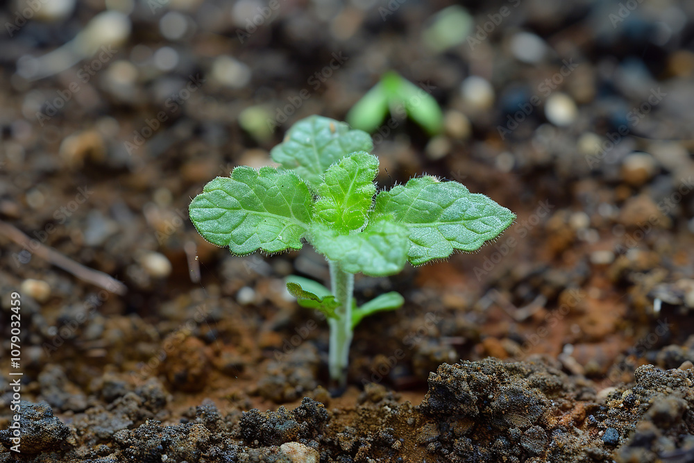 A small plant is growing in the dirt. The plant is green and has a stem. This is a symbol of life, growth, and hope. A small plant is growing in the dirt. The plant is green and has a stem. This is a symbol of life, growth, and hope.