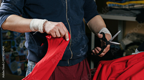 silk screen textile printery. manual screen printing. photo of a man with scissors cutting off a piece of red cloth