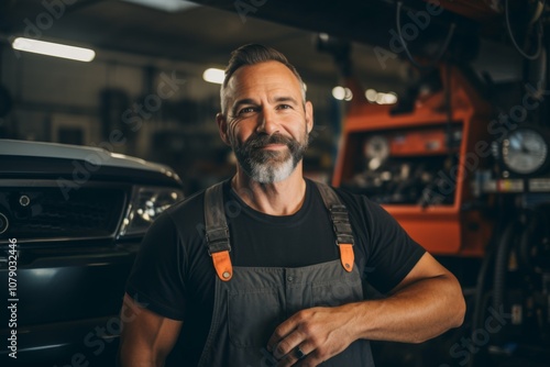 Smiling portrait of a middle aged Caucasian car mechanic