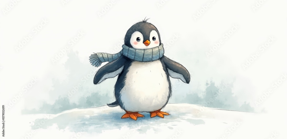 A penguin wearing a scarf standing on top of a snow covered ground A penguin wearing a scarf standing on top of a snow covered ground