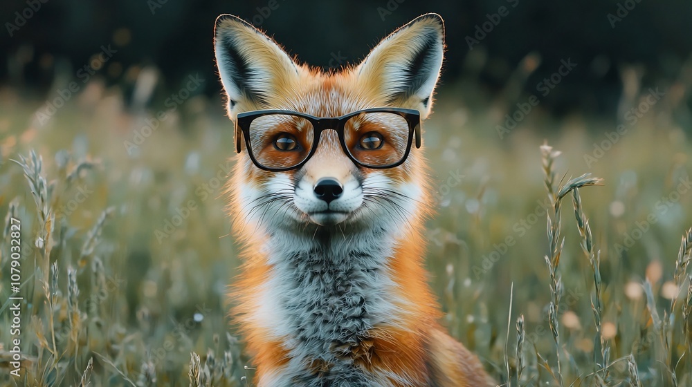 Obraz premium Sophisticated Fox in Glasses Pondering in Meadow Wildlife Portrait