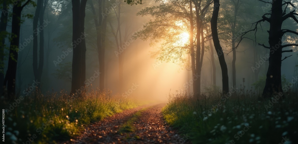A dirt road in the middle of a foggy forest at sunset A dirt road in the middle of a foggy forest at sunset