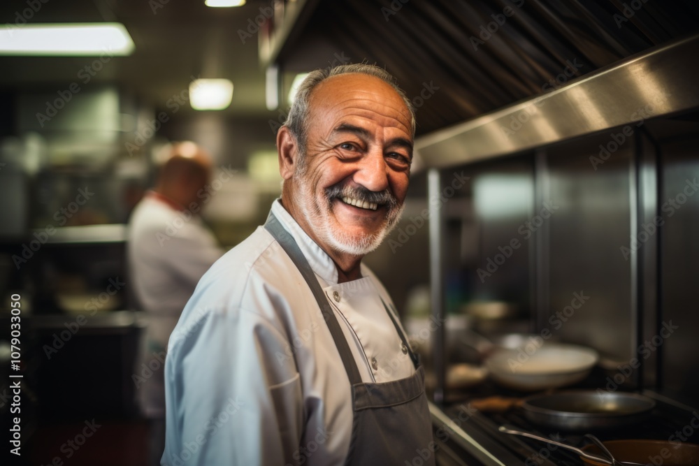 Smiling portrait of a senior Italian chef working in kitchen Smiling portrait of a senior Italian chef working in kitchen