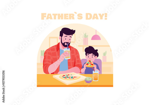 A joyful scene depicting a father and son enjoying pizza and drinks together for Fathers Day. Vector illustration