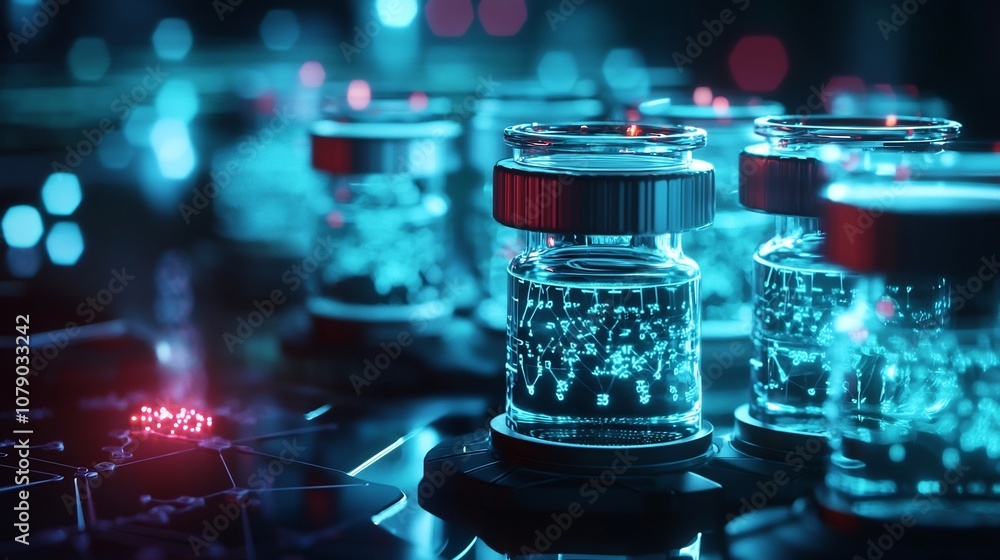 Futuristic Pharmacy with Glowing Vials of Tailored Synthetic Biological Compounds for Personalized Medicine and Healthcare Advancements Futuristic Pharmacy with Glowing Vials of Tailored Synthetic Biological Compounds for Personalized Medicine and Healthcare Advancements
