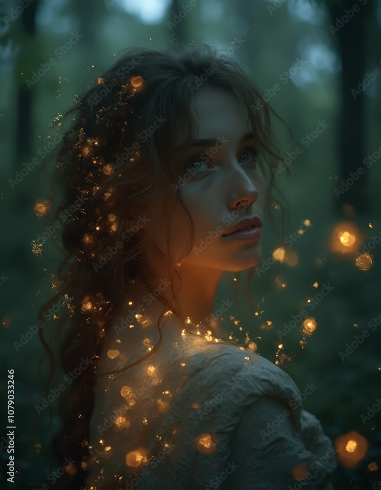 A woman with long hair standing in a forest A woman with long hair standing in a forest