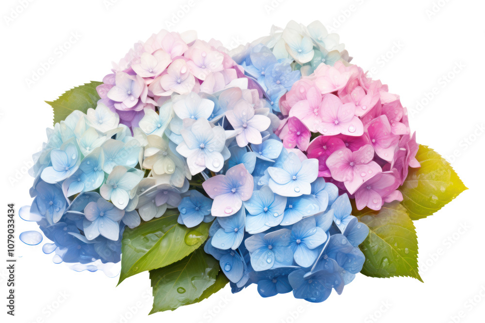 Obraz premium A beautiful arrangement of mixed-color hydrangeas, including shades of blue, pink, and white, with raindrops delicately resting on the petals.