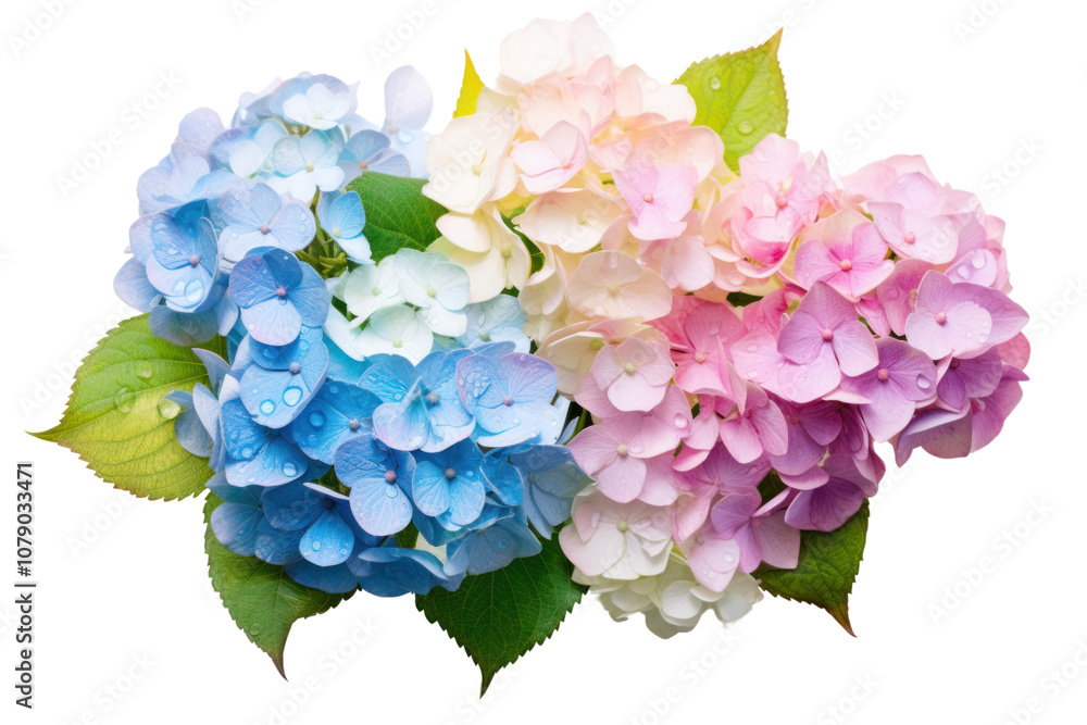 Obraz premium A beautiful arrangement of mixed-color hydrangeas, including shades of blue, pink, and white, with raindrops delicately resting on the petals.