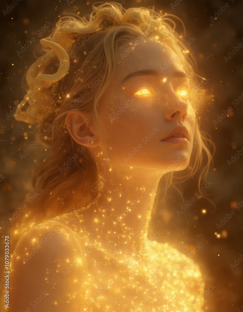 A woman with golden hair and a golden aura on her face A woman with golden hair and a golden aura on her face
