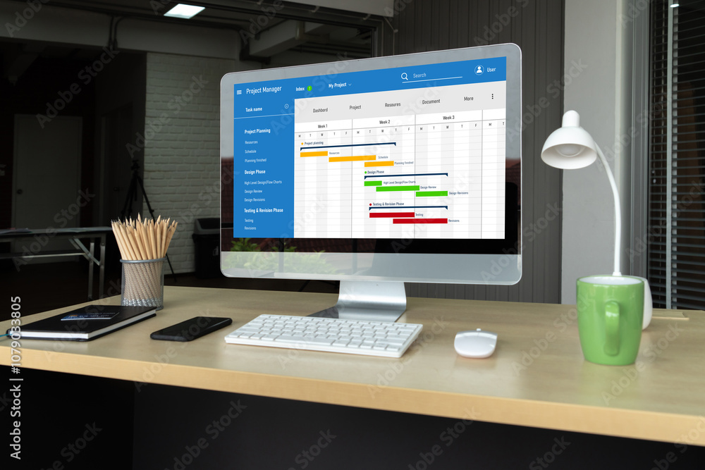Project planning software for modish business project management on the computer screen showing timeline chart of the team project Project planning software for modish business project management on the computer screen showing timeline chart of the team project