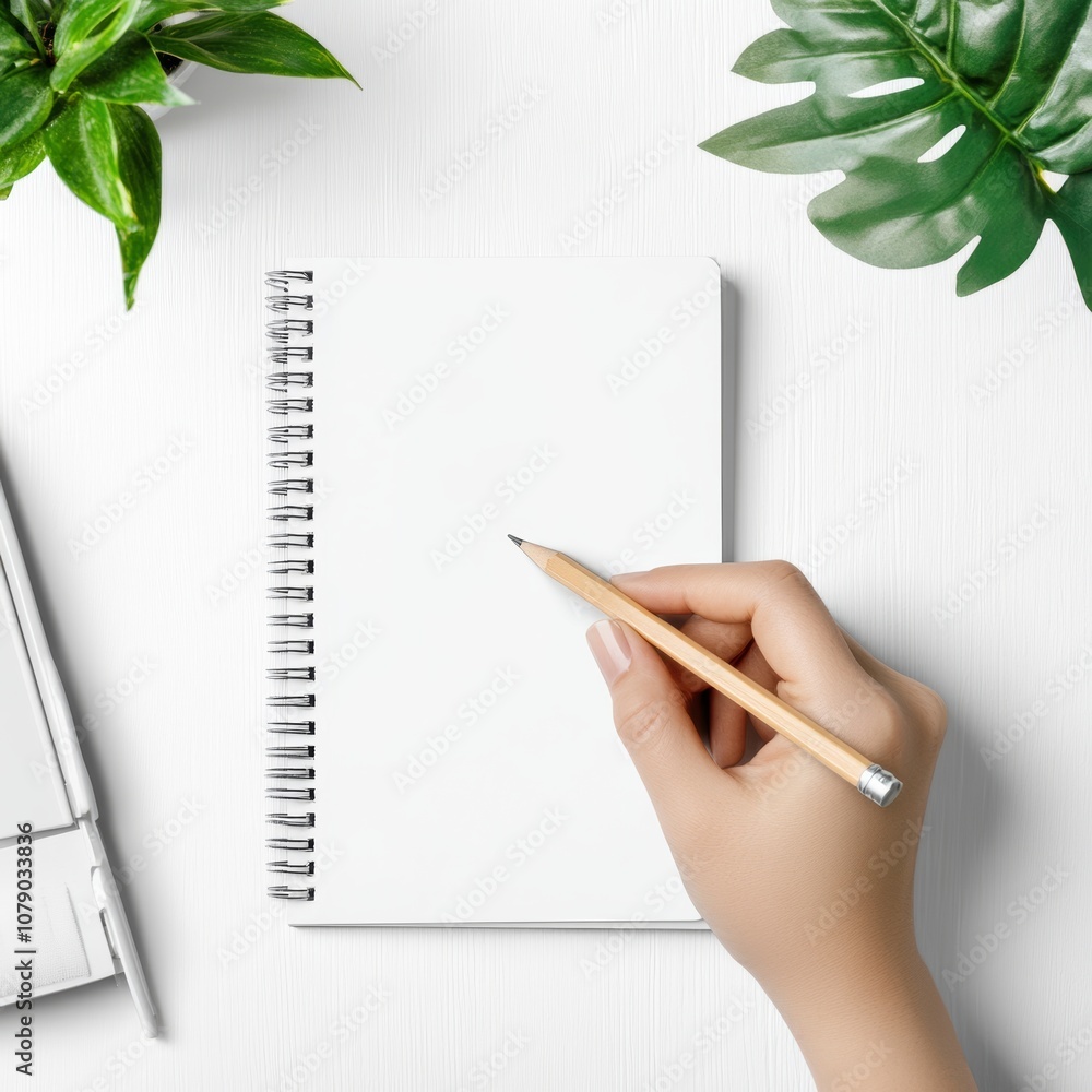 A hand holding a pencil is ready to write in a notebook. This represents planning for life or business. The scene shows a white desk and workspace. A hand holding a pencil is ready to write in a notebook. This represents planning for life or business. The scene shows a white desk and workspace.