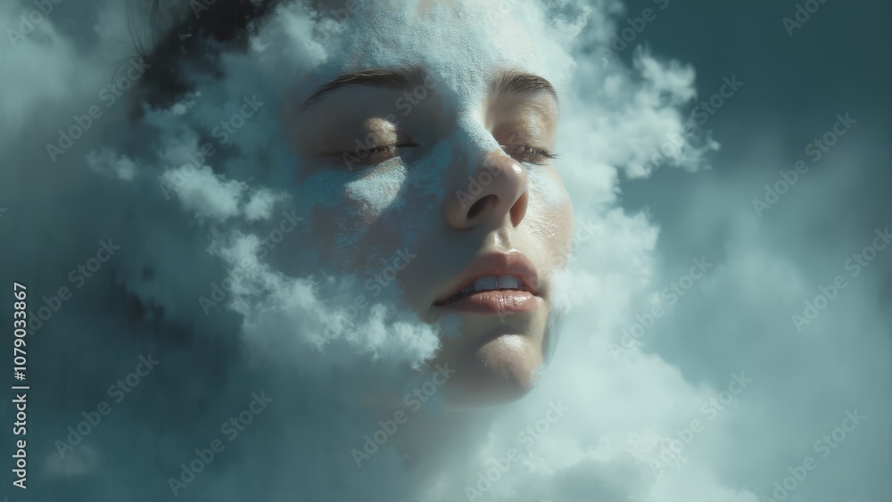 Fototapeta premium A woman's face in the clouds with her eyes closed