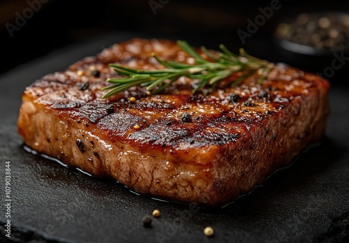 A piece of meat with a sprinkle of pepper and rosemary on top