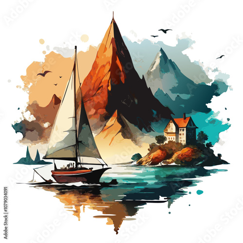 Watercolor painting of a sailboat and a village vector illustration (15)