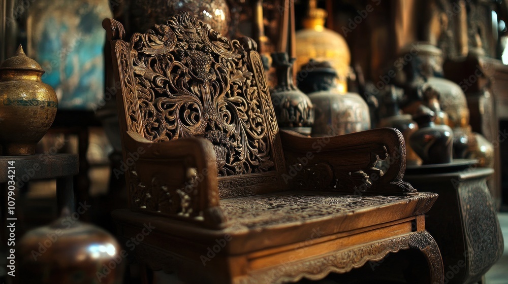 Close-up of an intricately carved wooden chair with ornate details and a worn finish, surrounded by other antique objects in a shop or market setting. Close-up of an intricately carved wooden chair with ornate details and a worn finish, surrounded by other antique objects in a shop or market setting.