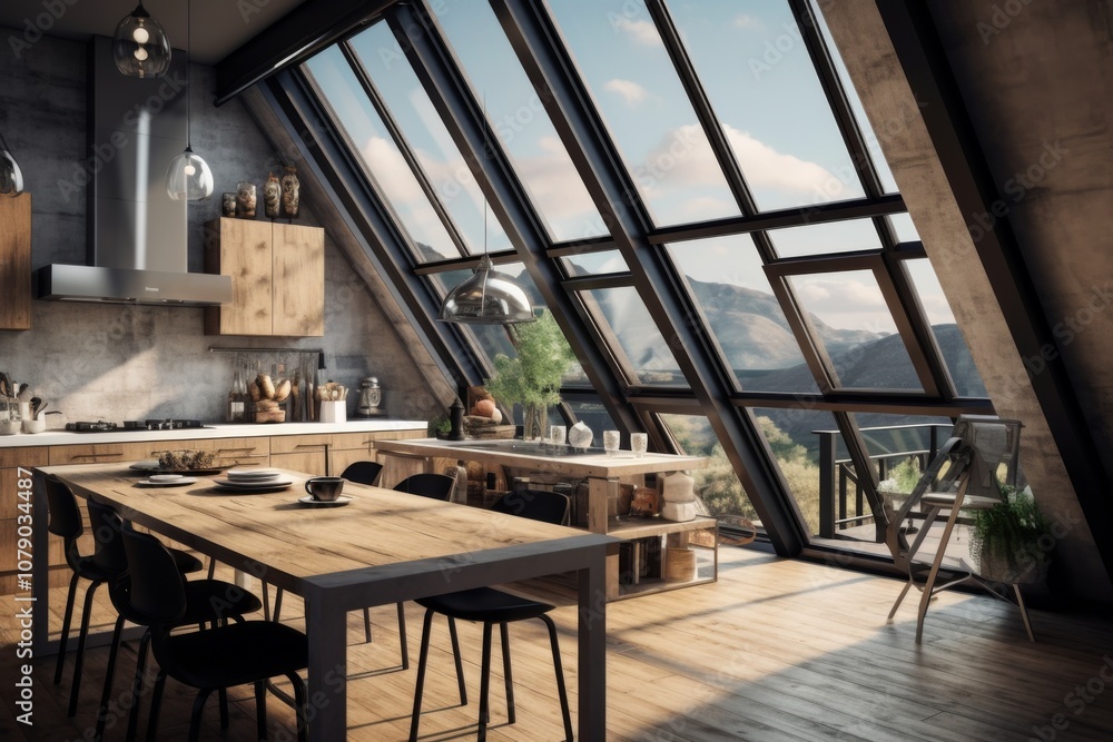 Interior of a attic floor kitchen with large windows Interior of a attic floor kitchen with large windows