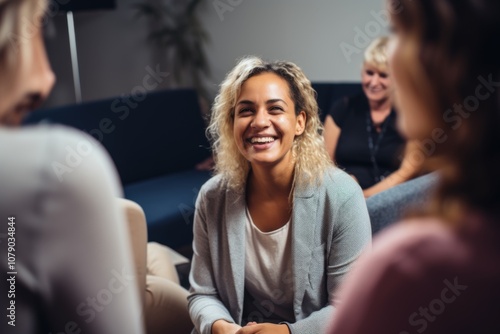 Middle aged female therapist conducting a group session photo