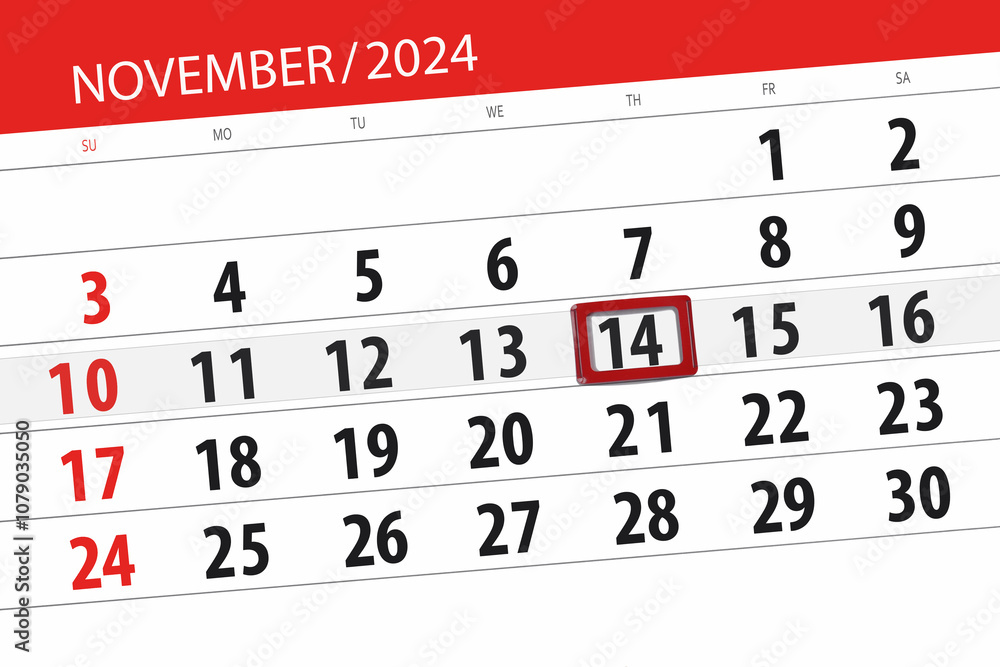 Fototapeta premium Calendar 2024, deadline, day, month, page, organizer, date, November, thursday, number 14