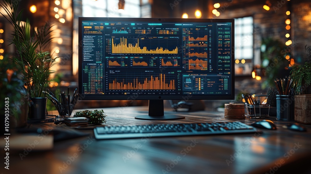 A modern workspace featuring a data analytics monitor. A modern workspace featuring a data analytics monitor.