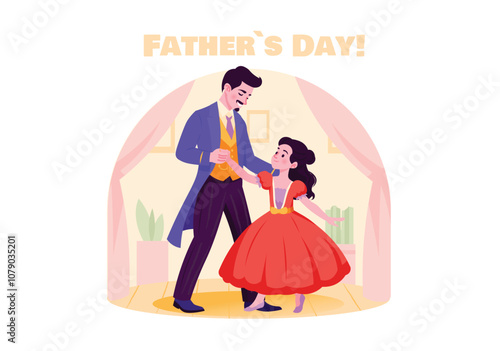 A father and daughter dance together joyfully in a celebratory setting. The girl wears a lovely red dress while the father is elegantly dressed. Vector illustration