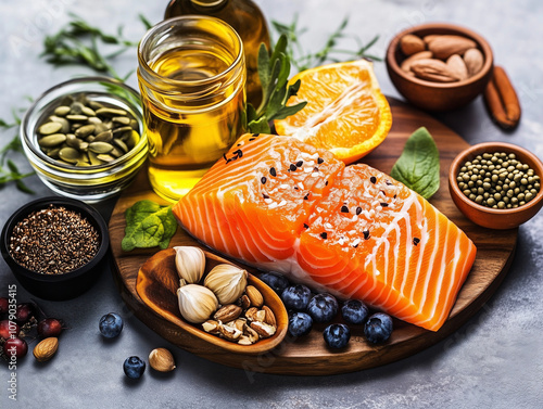 Salmon Fillet with Nuts and Seeds on Dark Background, Omega-3 Rich Foods