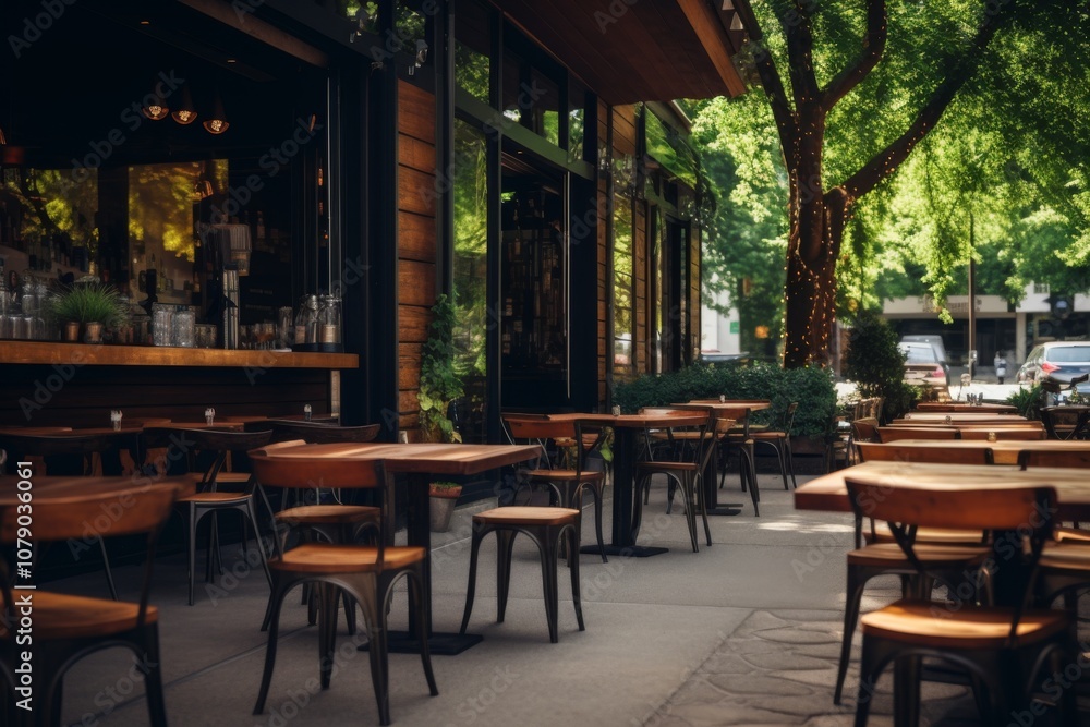 Fototapeta premium Exterior of a restaurant with wooden tables