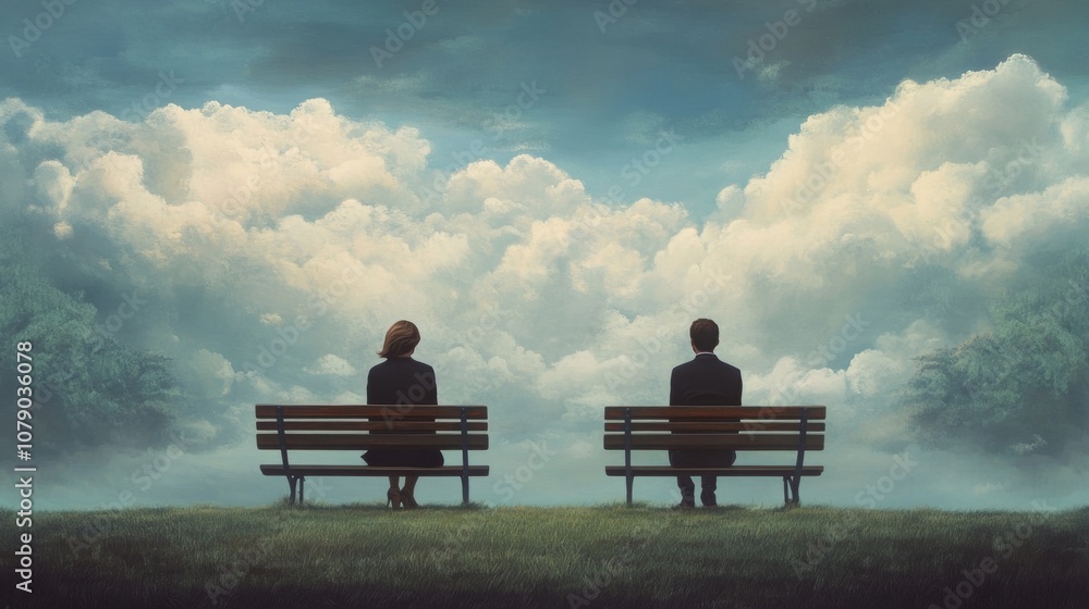 Man and woman on a park bench looking in opposite directions generative ai Man and woman on a park bench looking in opposite directions generative ai