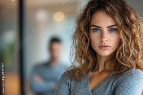 Confident young woman with curly hair poses in a modern office with a blurred figure behind