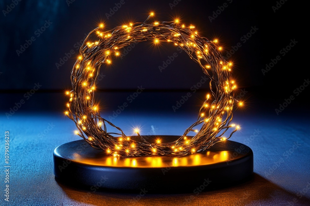 Minimalist Christmas lights encircling a round wreath, with soft glowing effect Minimalist Christmas lights encircling a round wreath, with soft glowing effect