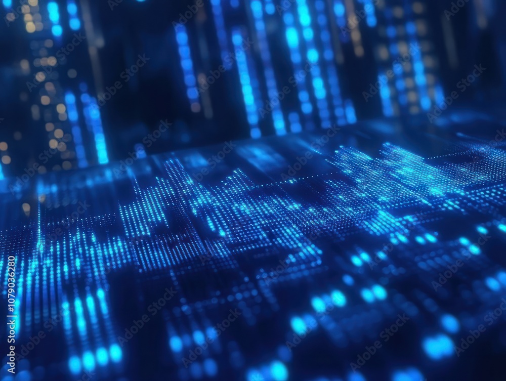 Obraz premium Concept of stock market and fintech forex concept. Blurry blue digital charts over dark blue background. Futuristic financial interface. 3d render illustration.