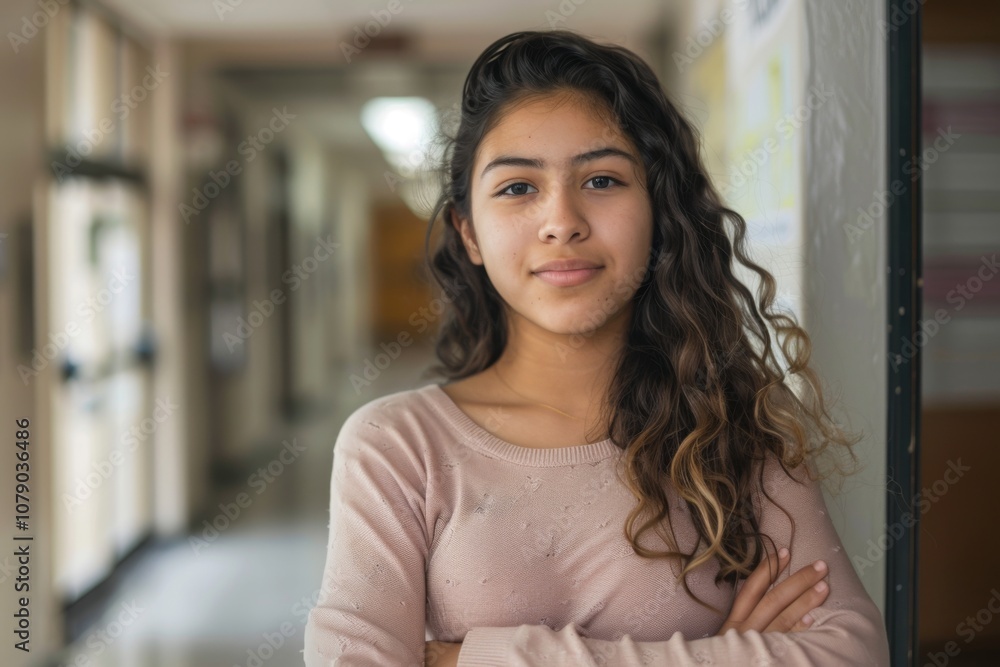 Confident Hispanic female high school student standing in hallway Confident Hispanic female high school student standing in hallway