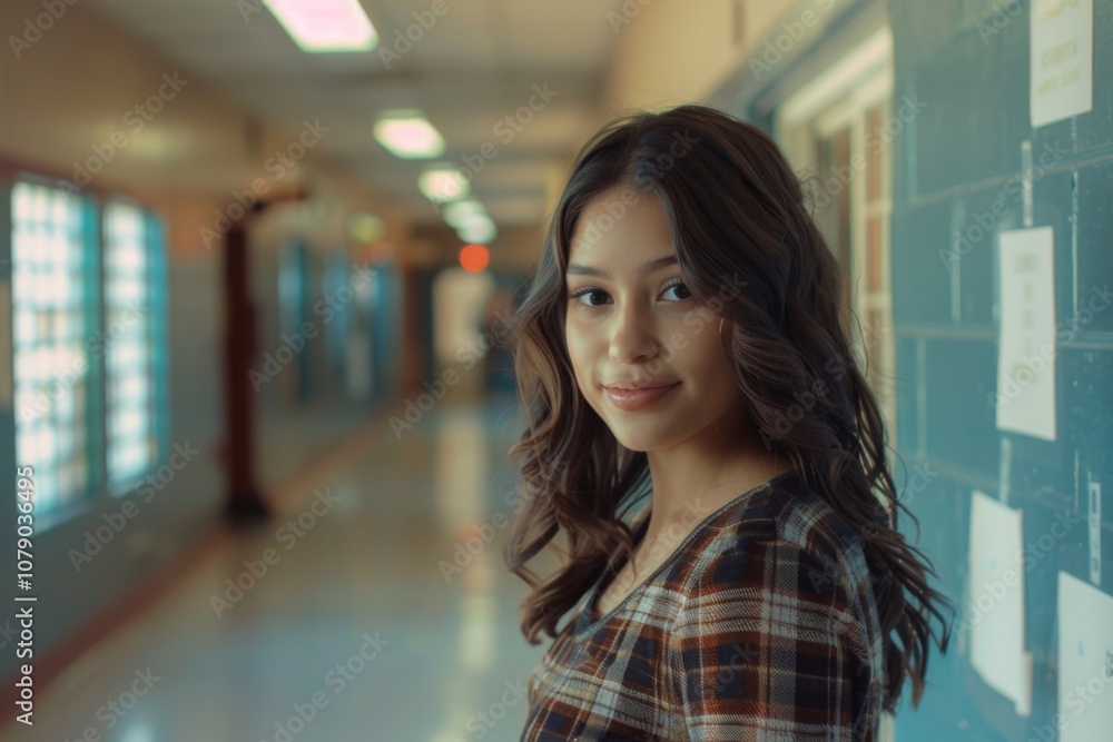 Fototapeta premium Confident Hispanic female high school student standing in hallway