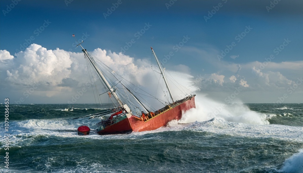 Obraz premium 태풍으로 인해 흔들리는 배와 거센 파도