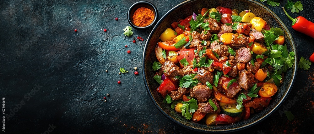 A bowl of meat and vegetables with a black background A bowl of meat and vegetables with a black background