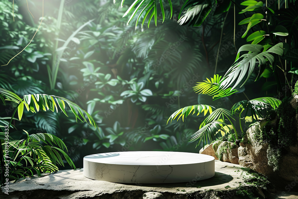 A large, round stone empty pedestal with a green plant growing out of it. Product podium jungle background stage leaf cosmetic nature scene. A large, round stone empty pedestal with a green plant growing out of it. Product podium jungle background stage leaf cosmetic nature scene.