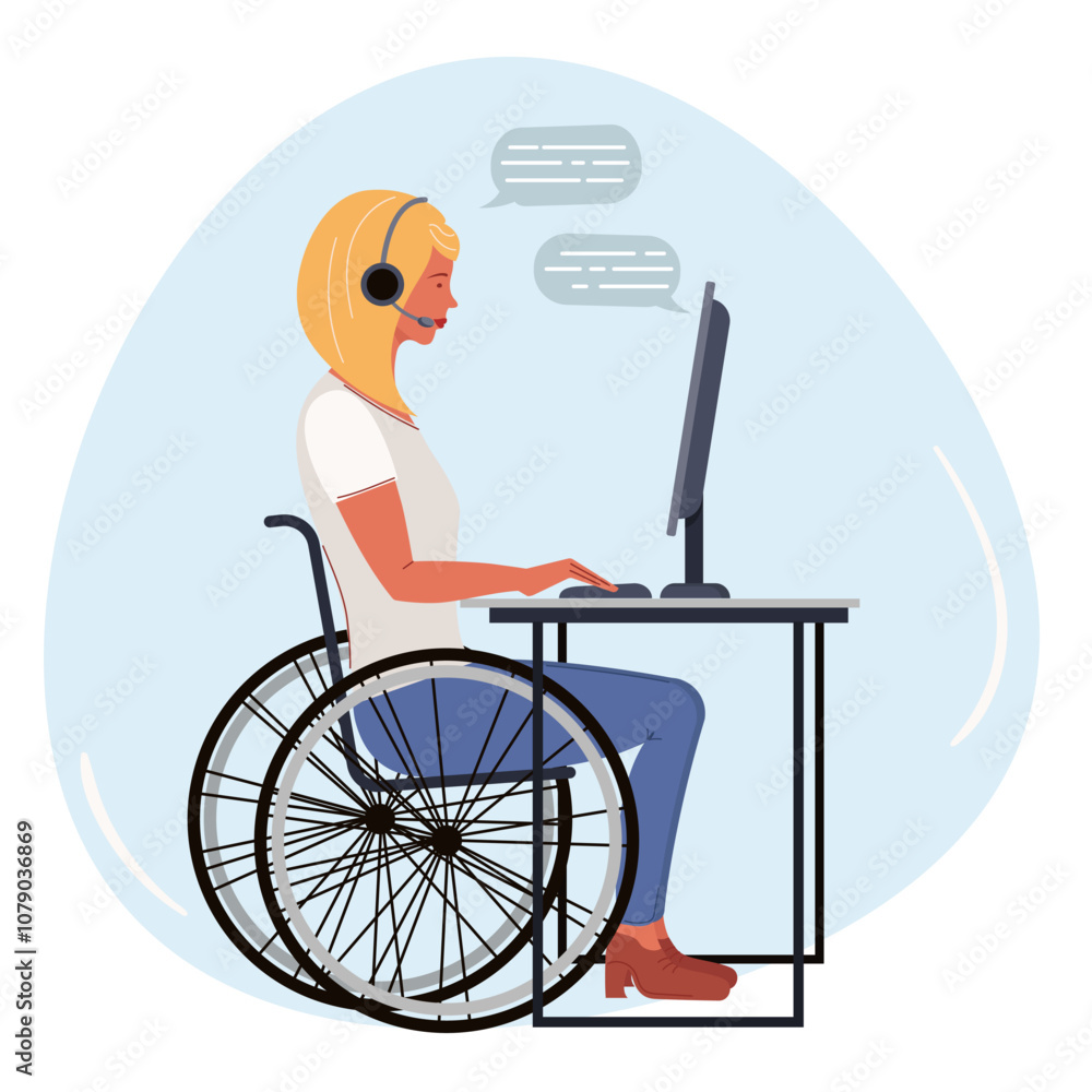 A girl in a wheelchair works at a call center. Active lifestyle. A girl in a wheelchair works at a call center. Active lifestyle.