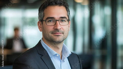 Professional Man in a Business Suit Poses Confidently for a Portrait While Sitting in a Modern Office Environment During the Day